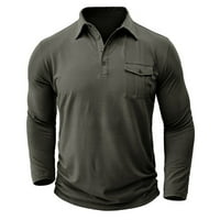 Машка кошула за дното на дното опуштена цврста боја на копчето Турндаунд јака со долги ракави за ракави маици удобни спортови блузи врвови со џеб сива м