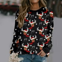 Outfmvch дуксери за жени Божиќ печати со долги ракави џемпери, обичен пуловер женски врвови женски џемпери црно