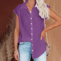 Dyeegold женски копче надолу со кошула мода лето кратки ракави врвови обични лабави v вратот Постелнини памучни маици плус блузи