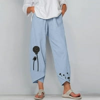 Panенски панталони широки панталони со шипка на нозе, дама обичен печатење еластични цвеќиња, пантолони
