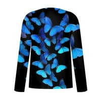 Женски Обичен Моден Печатење Пеперутка Со Долги Ракави Искривена Јака Пуловер Врвна Блуза
