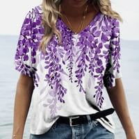 Hanенски женски врвен моден летен моден летен моден летен моден обичен принт V-врат кратки ракави печатени маици светло виолетова