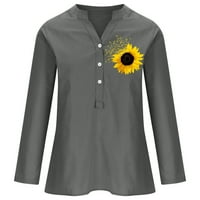 Есенска нова продажба женска модна печатење обична маица со долги ракави со долга ракав со памук со врат и ленени врски блуза