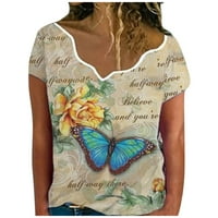 Хеи_к Жени Мода Асиметричен Врат Пеперутка Лабава Печатена Блуза Блузи пуловер летни врвови за жени