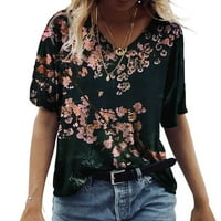 Флорални врвови за печатење за жени кратки ракави плус маици со големина V вратот Обичен тренинг кошула гроздобер графички бохо