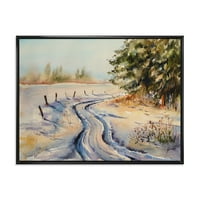 Дизајн на „Снежен зимски шумски пејзаж Рурален пат во снег“ Традиционално врамено платно wallидно уметности печатење