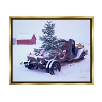 Снежна фарма новогодишна елка пејзаж празник графичка уметност металик злато врамена уметничка печатена wallидна уметност