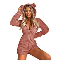 Еккамем женски кадифен ромпер зимски пижами дозвола жени со долги ракави со качулка, памами, обична зимска топла ромпе, лубеница,