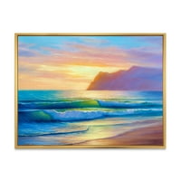 DesignArt 'Sunrise Gllow на морските бранови IV' Наутички и крајбрежно врамено платно wallидна уметност печатење